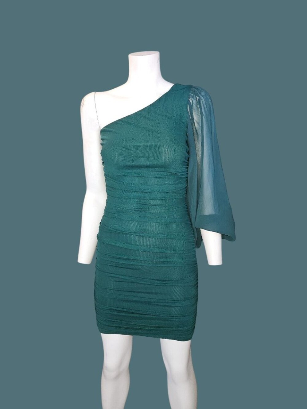 Hello Molly One-Sheer Shoulder Emerald Green Ruched Bodycon Dress - Women 6